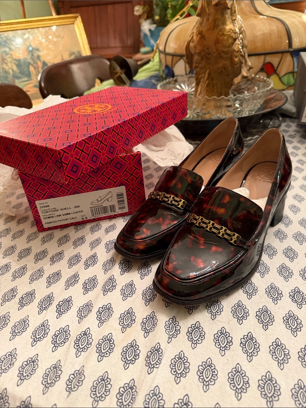 Tory Burch Tortoise Shell Patent Loafers with Gold Chain